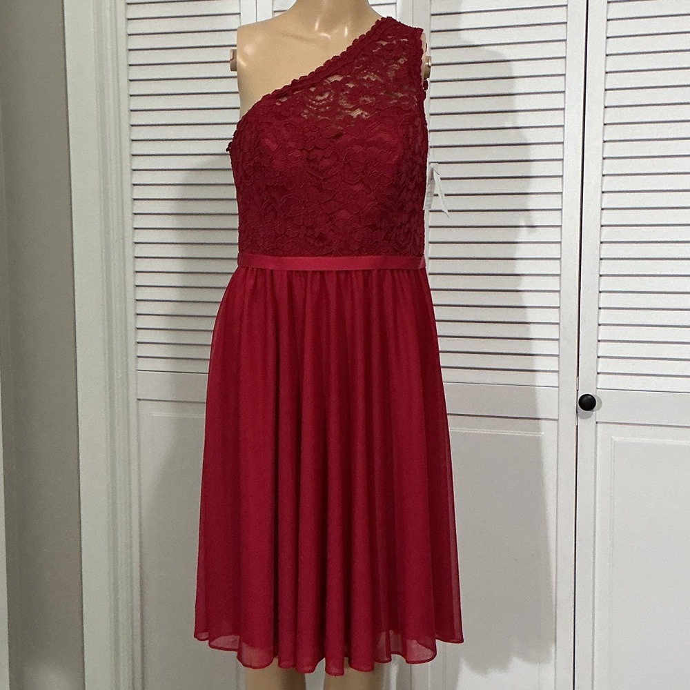 David's Bridal One-Shoulder Lace Bodice Wine Red Cocktail Dress